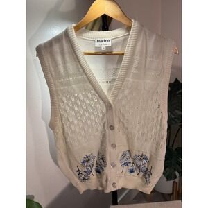 Daisy embroidered vintage vest DARLYN 80s blue floral openwork knit cottagecore